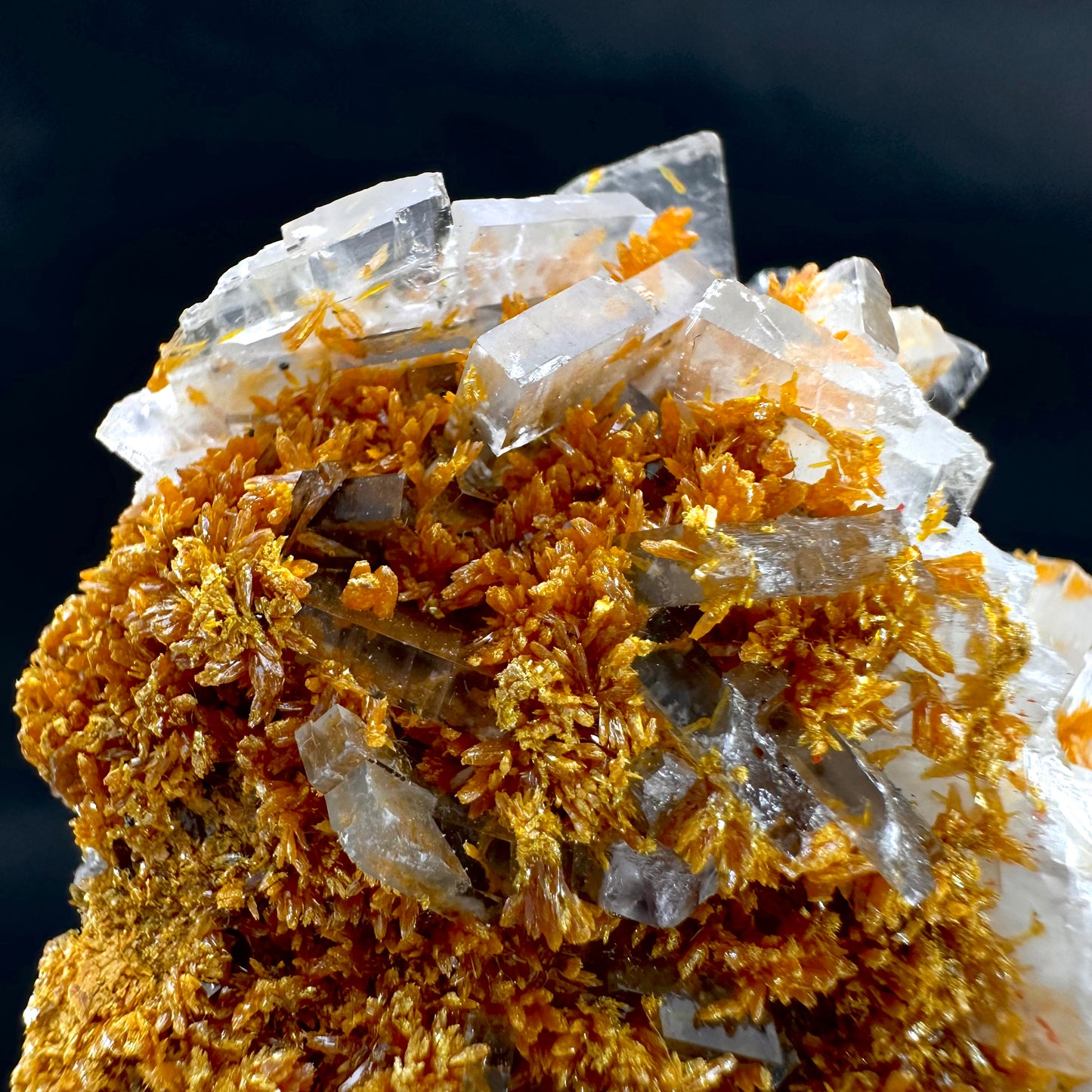 Orpiment on Barite w/ Realgar (Peru) | rare mineral specimen