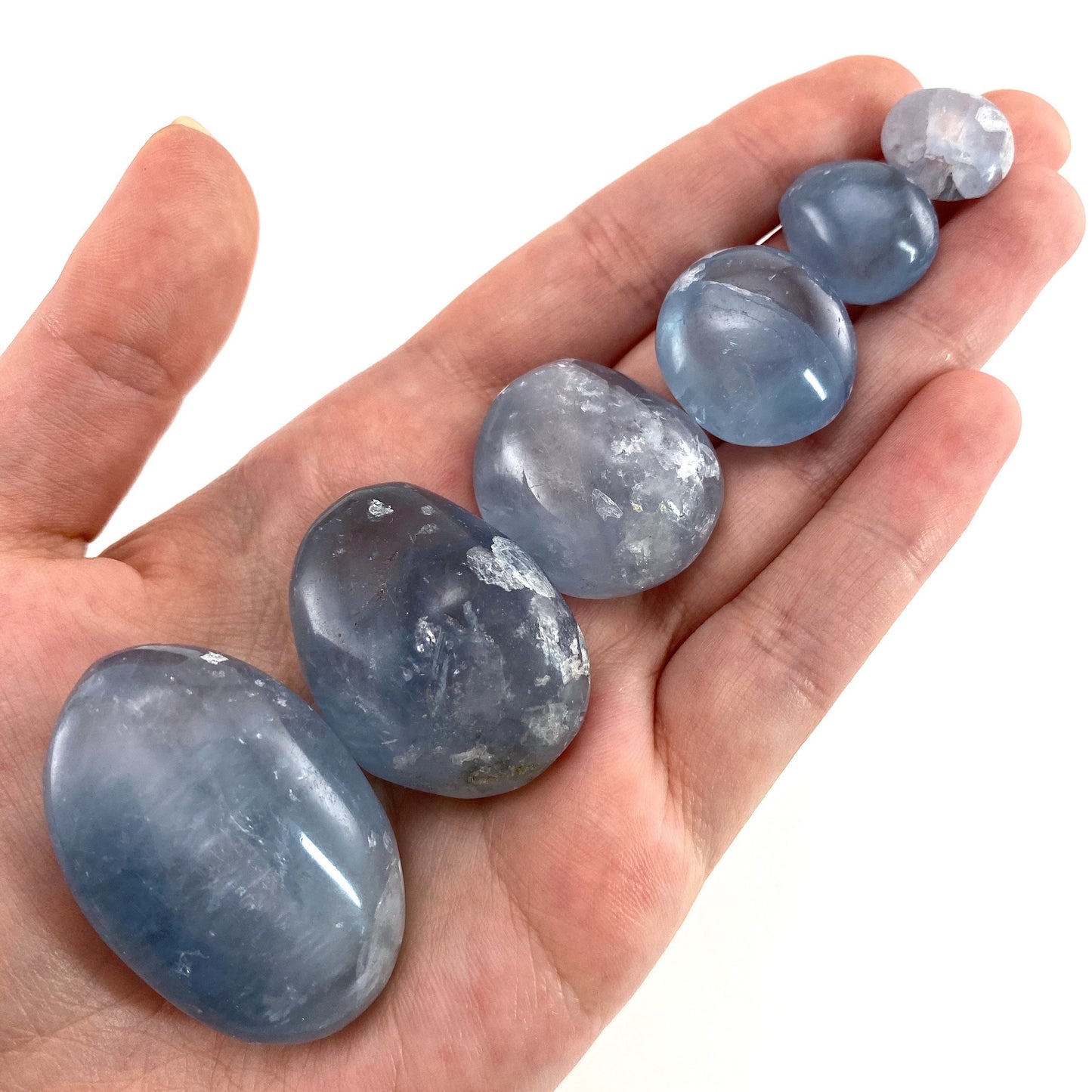 Tumbled Celestite Crystal, tumbled celestite, blue celestite, celestite palm stone
