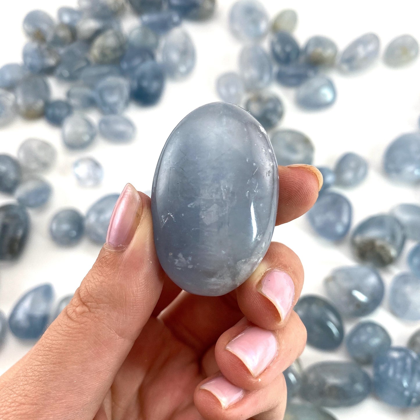 Tumbled Celestite Crystal, tumbled celestite, blue celestite, celestite palm stone