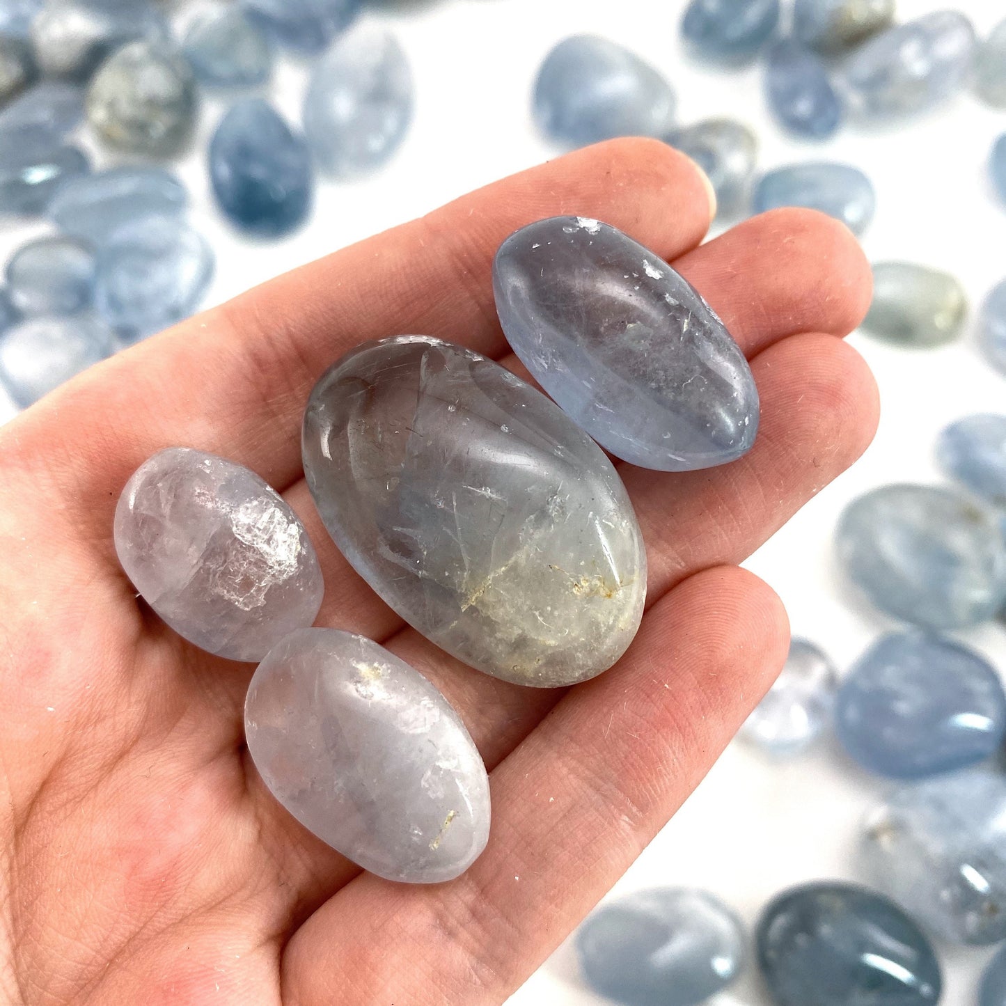 Tumbled Celestite Crystal, tumbled celestite, blue celestite, celestite palm stone