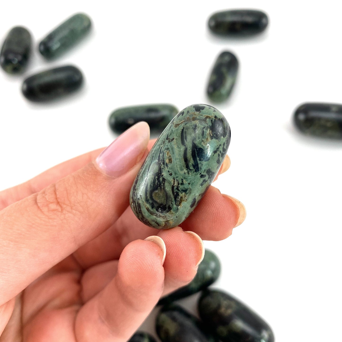 ONE Polished Kambaba Jasper, green jasper, tumbled Kambaba jasper, Kambaba jasper palm stone