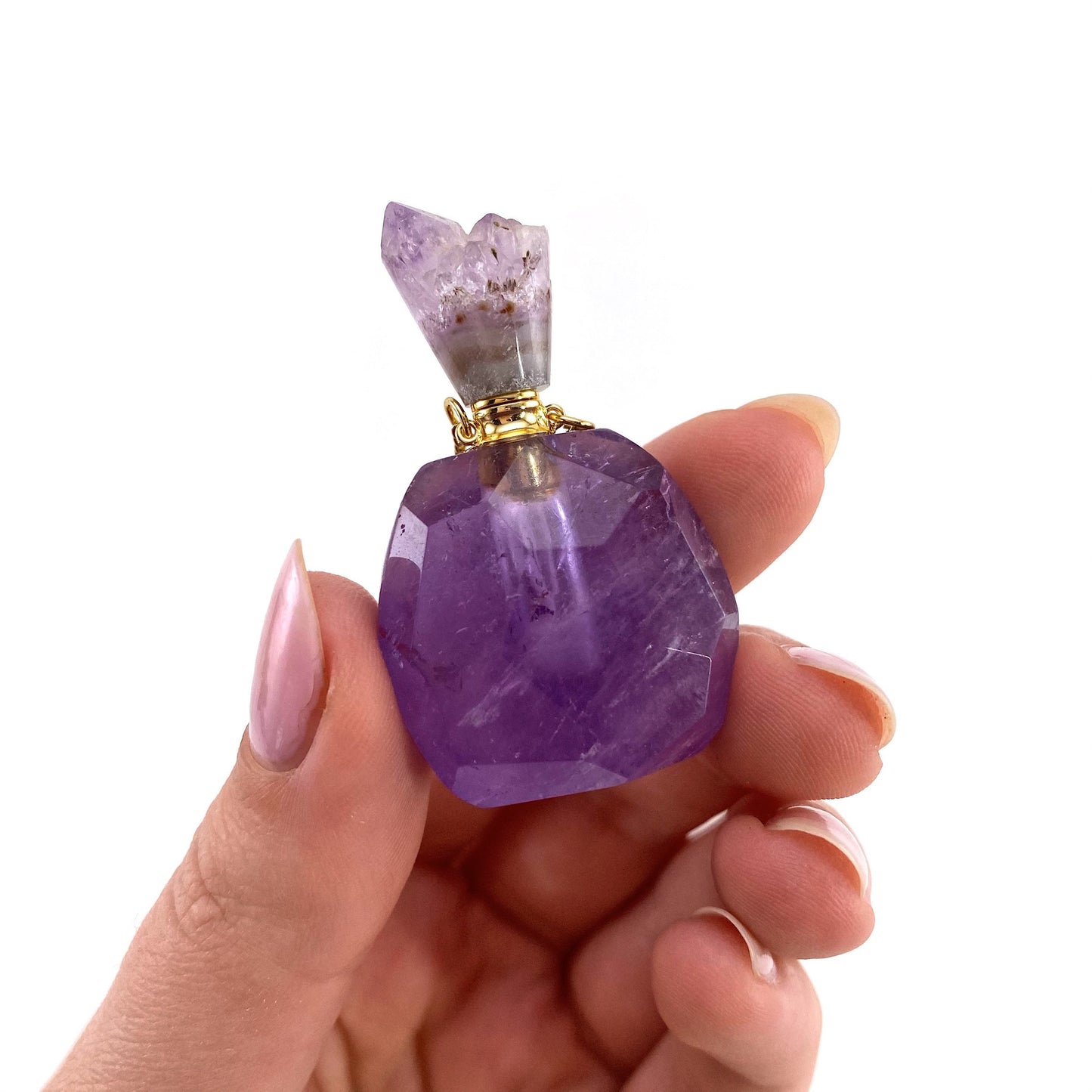 Amethyst Bottle Necklace, crystal bottle necklace, essential oil bottle pendant, gemstone perfume necklace