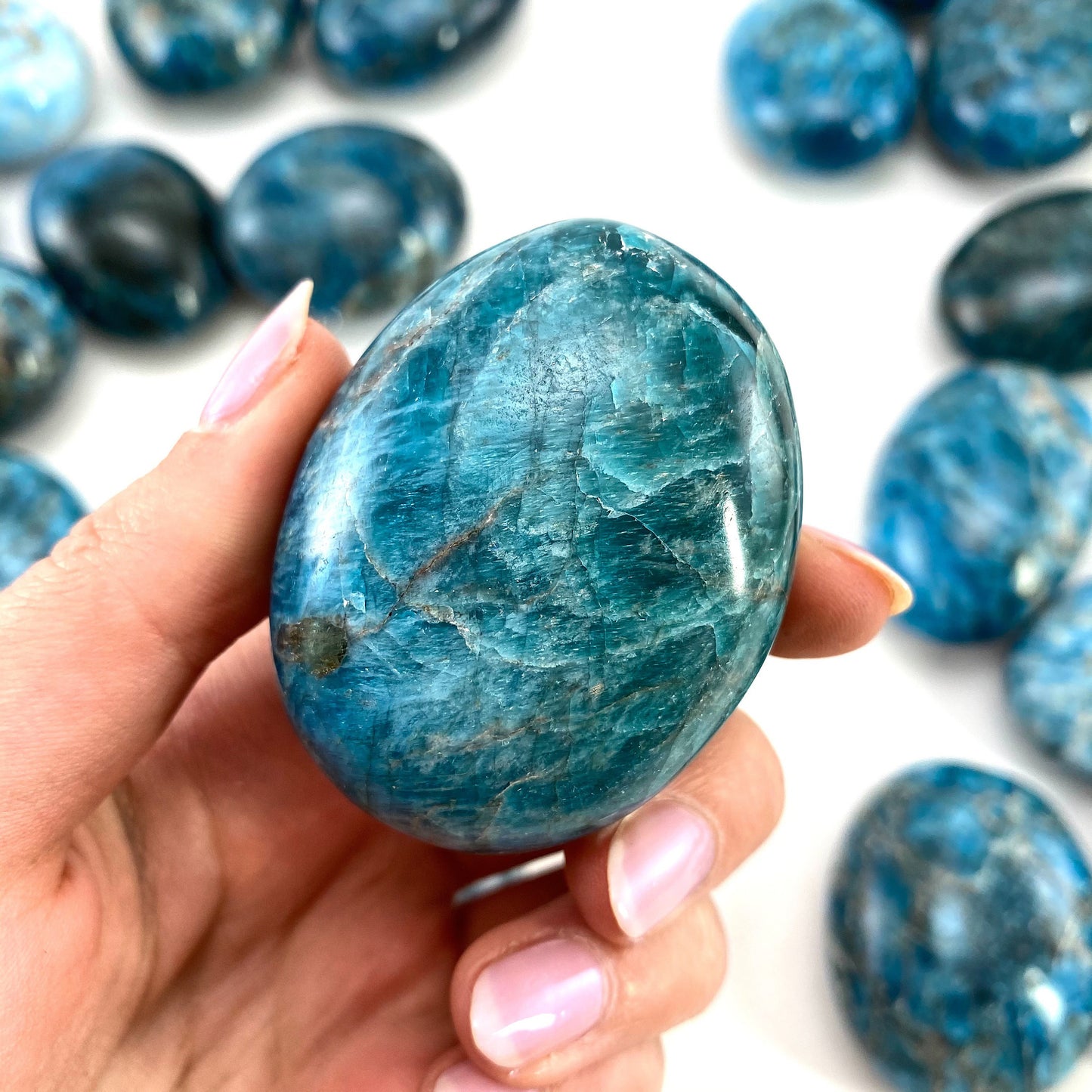 Blue apatite palmstone, blue apatite palm stone, blue apatite, polished blue apatite, chakra palm stone