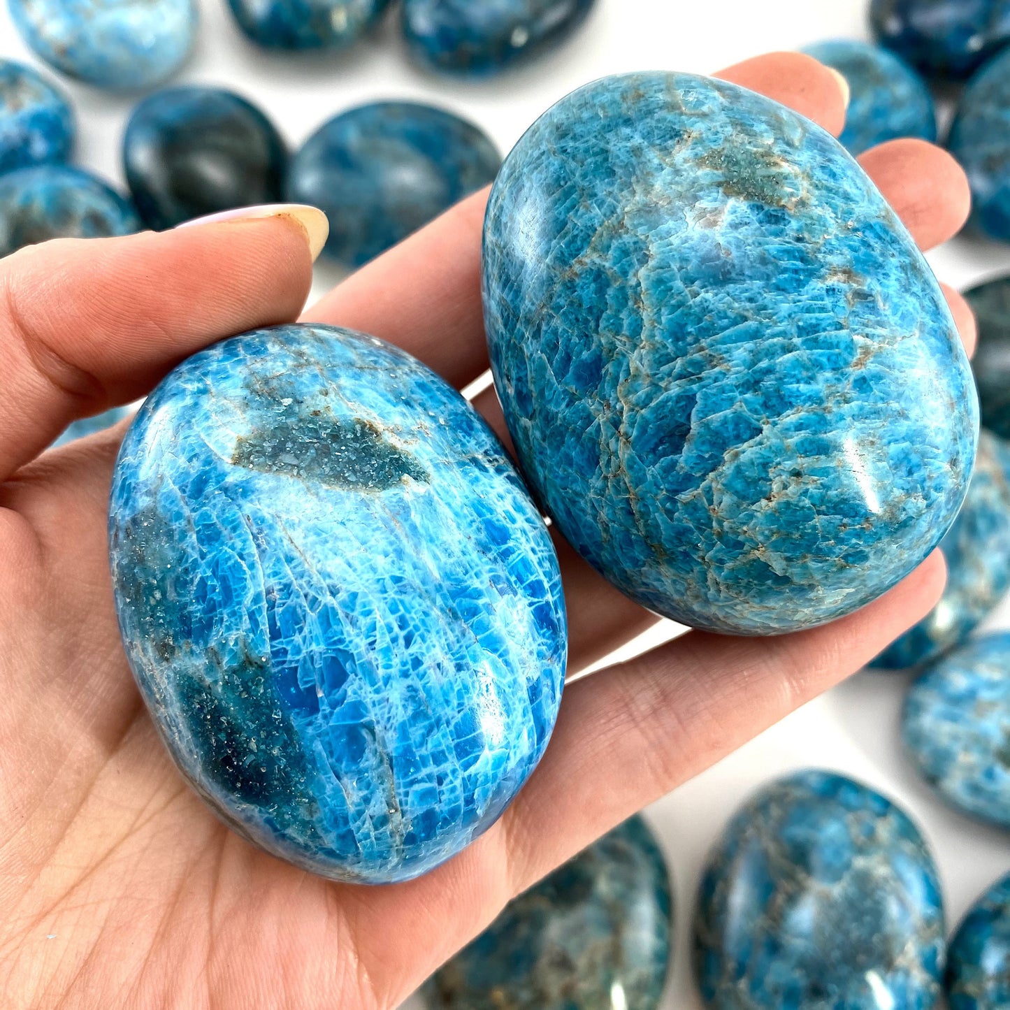 Blue apatite palmstone, blue apatite palm stone, blue apatite, polished blue apatite, chakra palm stone