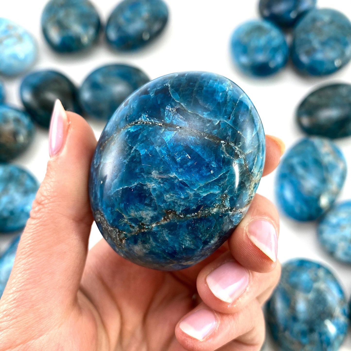 Blue apatite palmstone, blue apatite palm stone, blue apatite, polished blue apatite, chakra palm stone