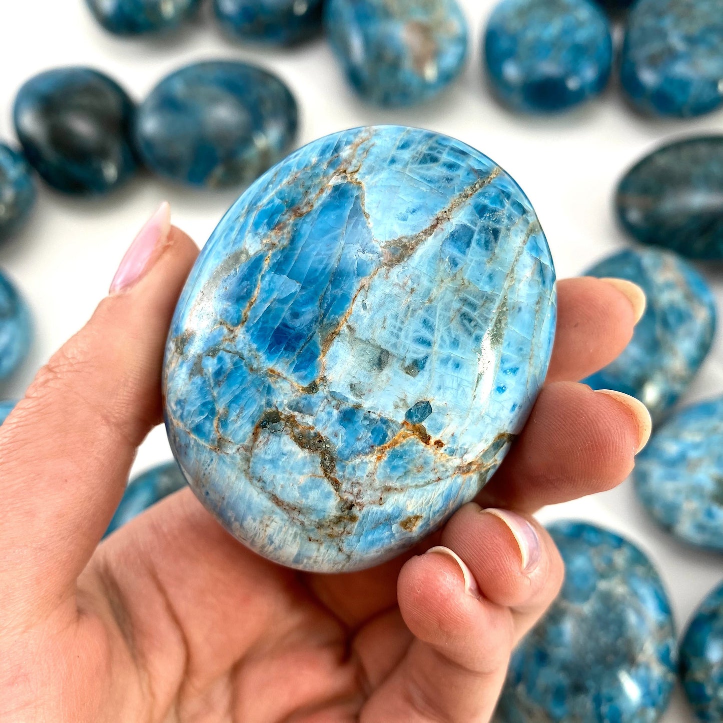 Blue apatite palmstone, blue apatite palm stone, blue apatite, polished blue apatite, chakra palm stone