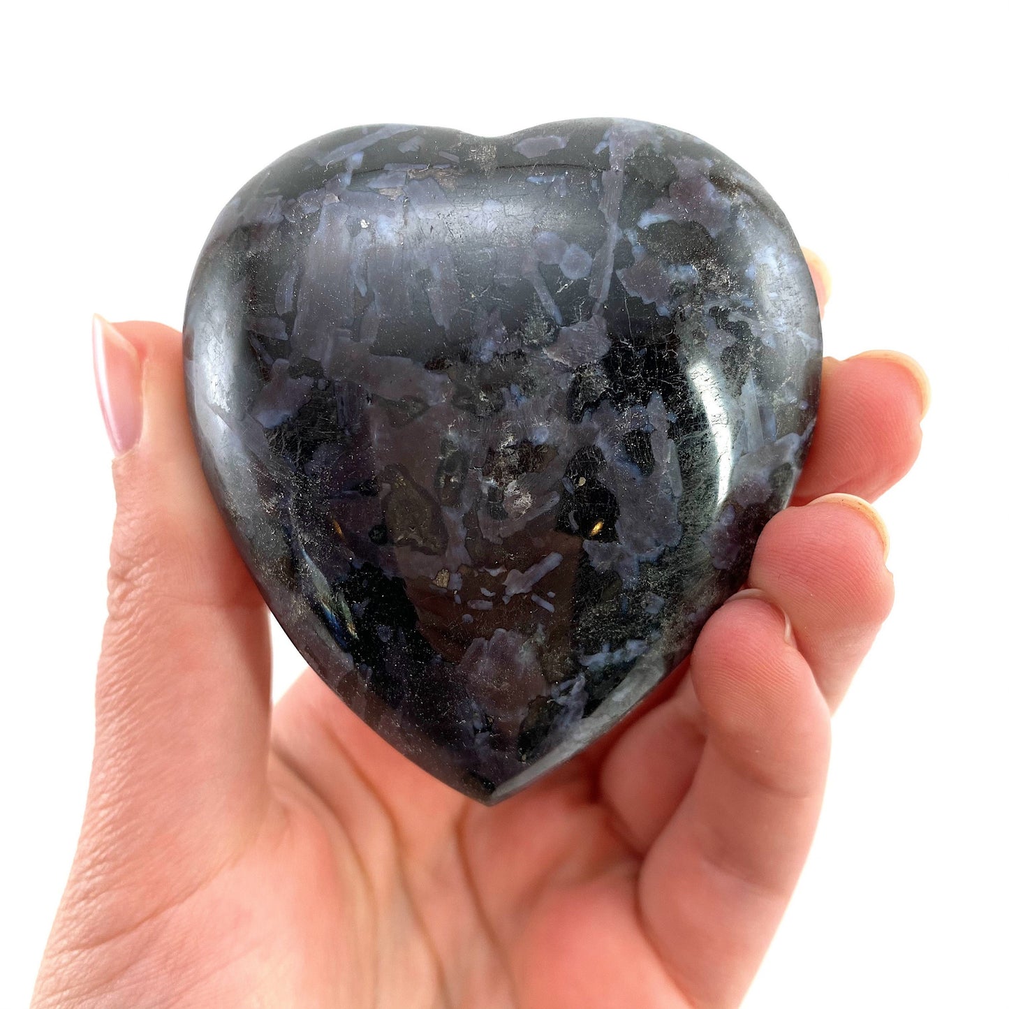Indigo Gabbro Heart, merlinite heart, Gabbro Palm stone, Merlinite palm stone, Indigo Gabbro, crystal heart