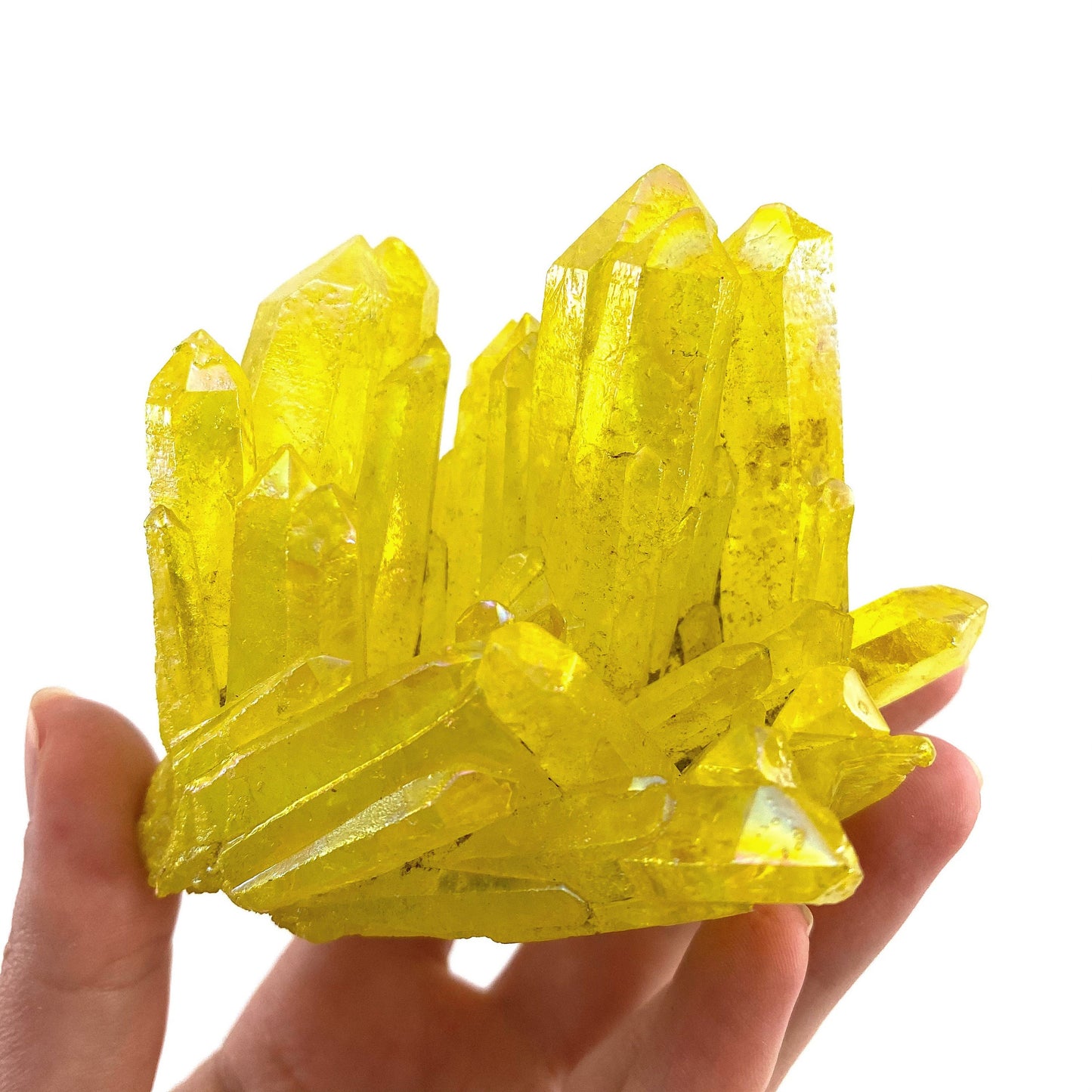 Lemon Aura Crystal Cluster, yellow aura quartz crystal