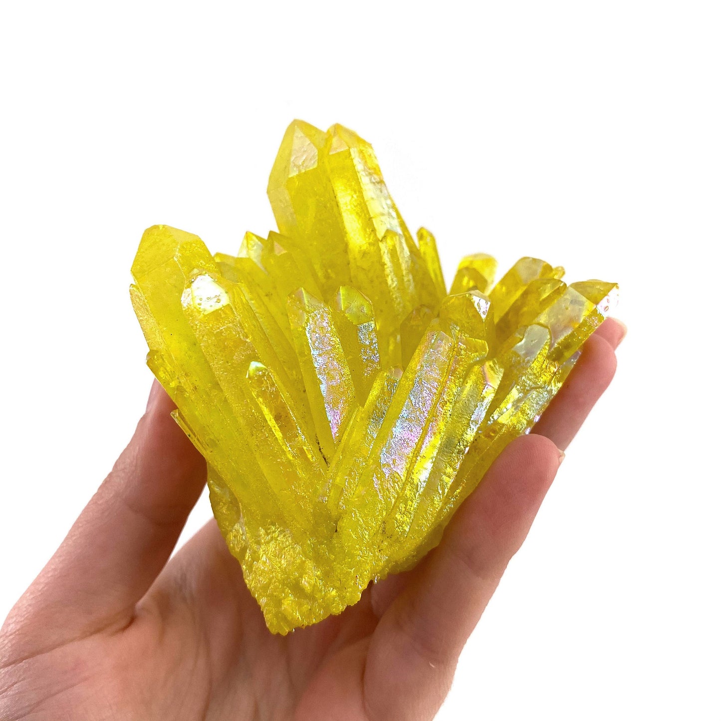 Lemon Aura Crystal Cluster, yellow aura quartz crystal