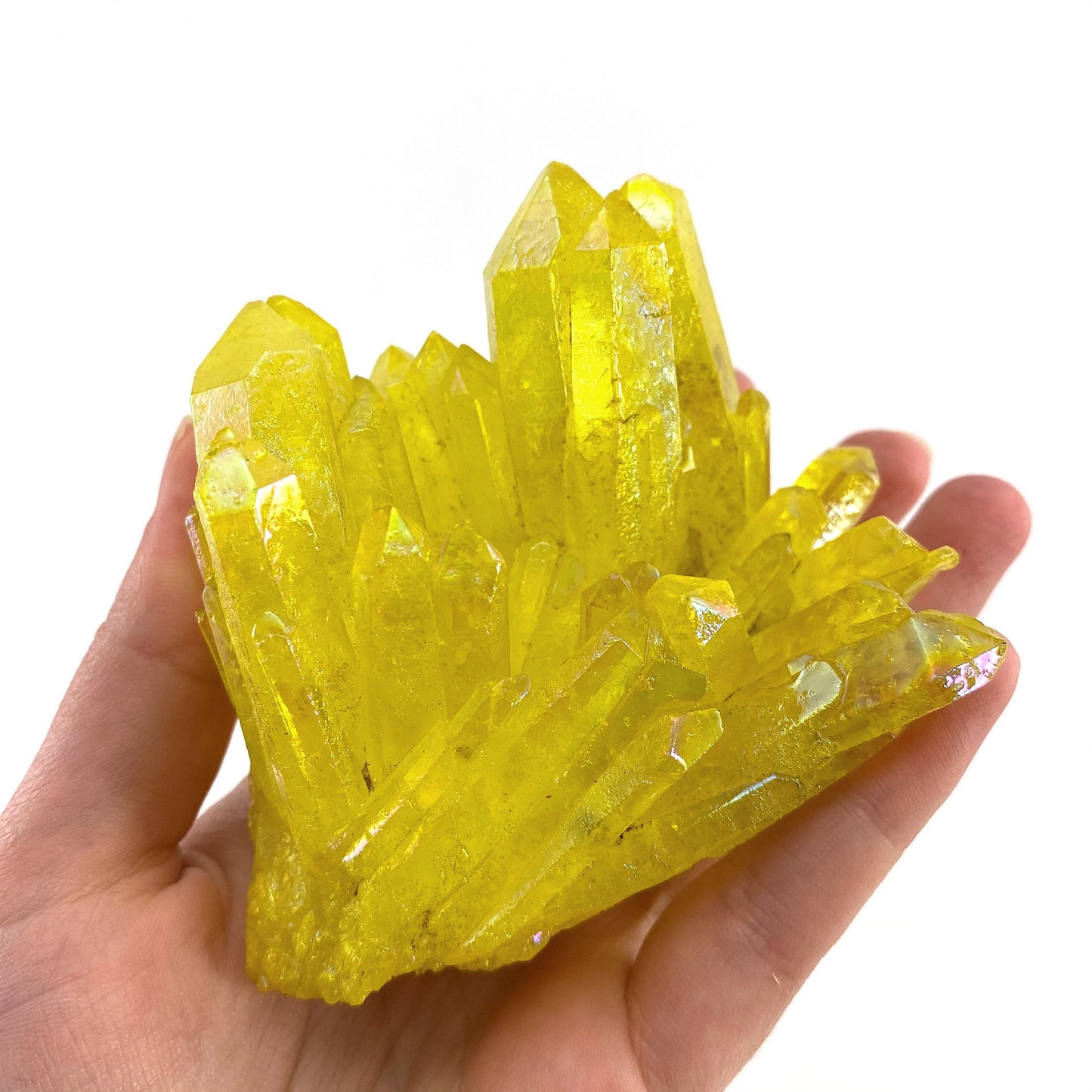 Lemon Aura Crystal Cluster, yellow aura quartz crystal