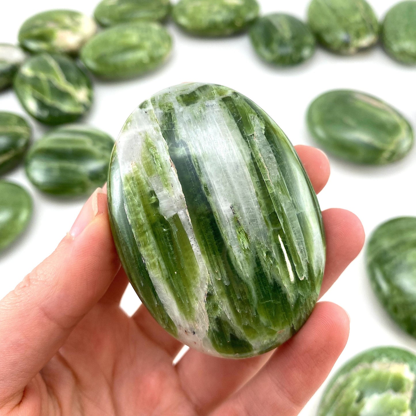 Rare! Tremolite Palm Stone, green tremolite, tremolite palmstone, palm stone, worry stone