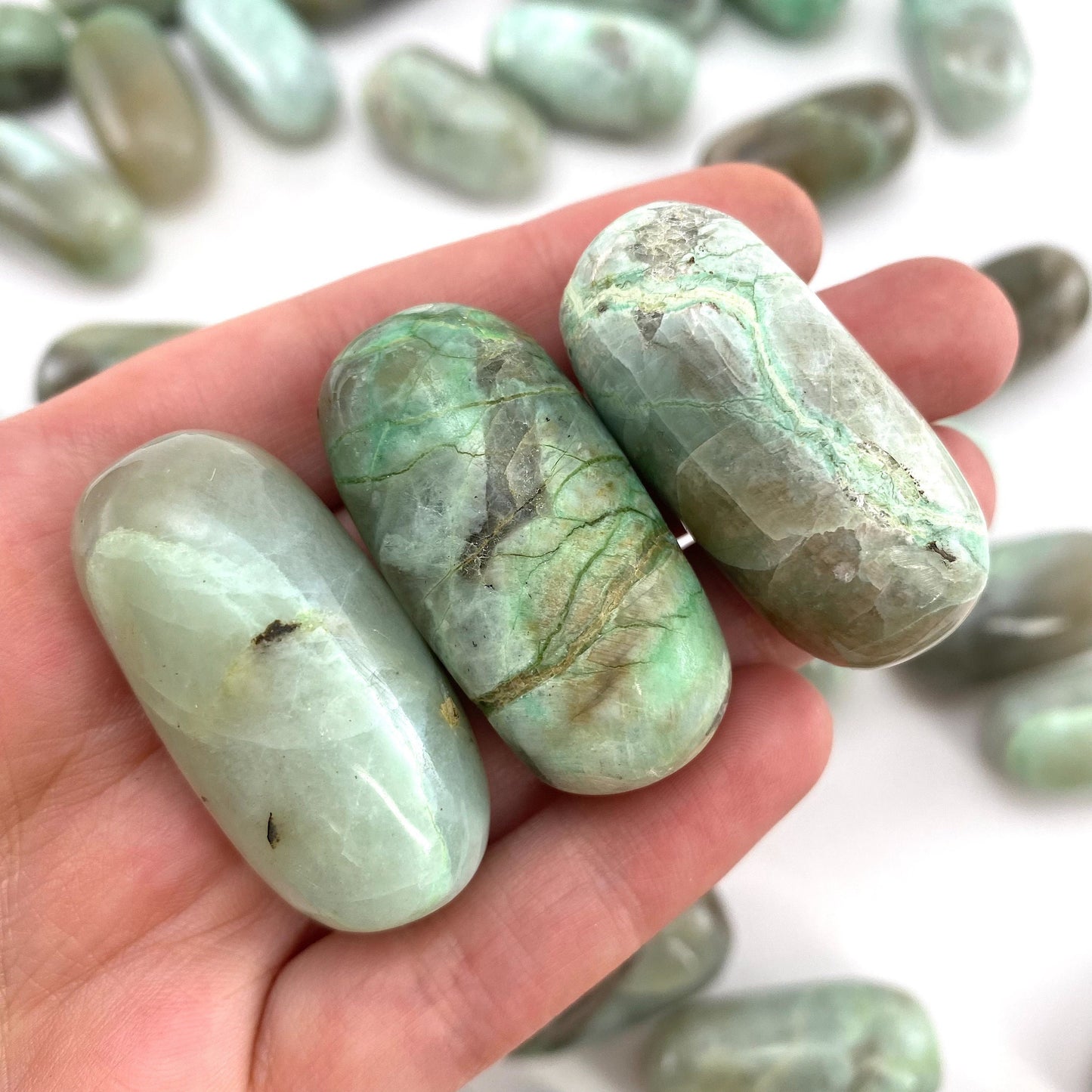 ONE Polished Garnierite, tumbled garnierite, green garnierite, garnierite palm stone, garnierite