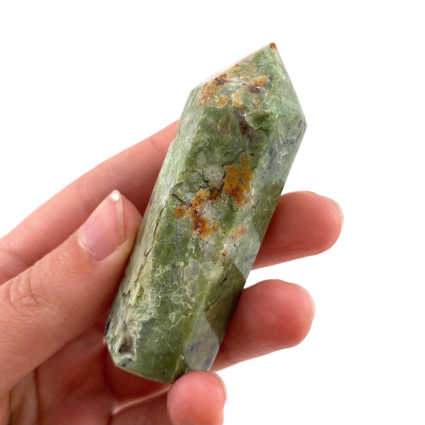 Forest Green Chrysoprase Point, green chrysoprase tower, crystal point, chrysoprase crystal