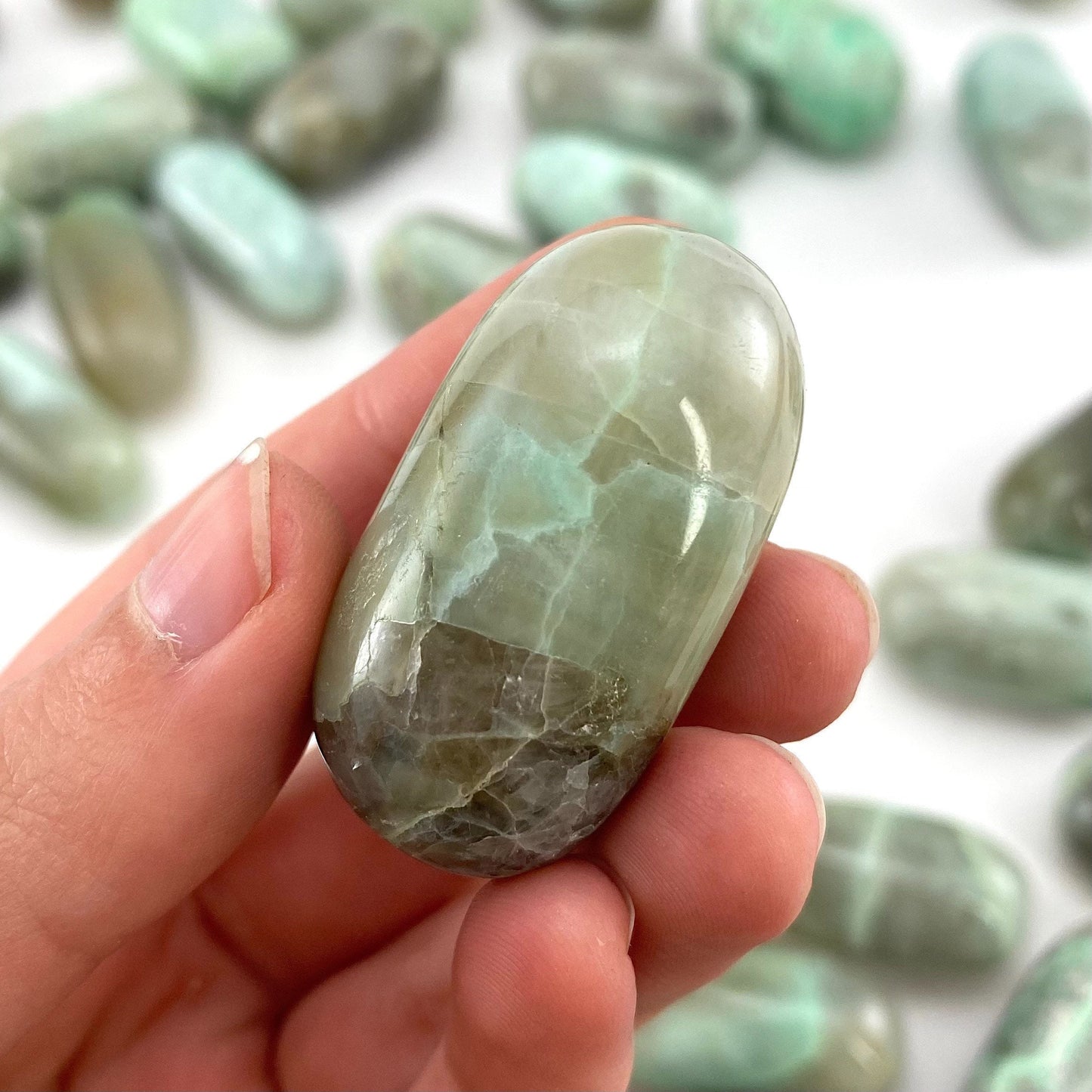 ONE Polished Garnierite, tumbled garnierite, green garnierite, garnierite palm stone, garnierite