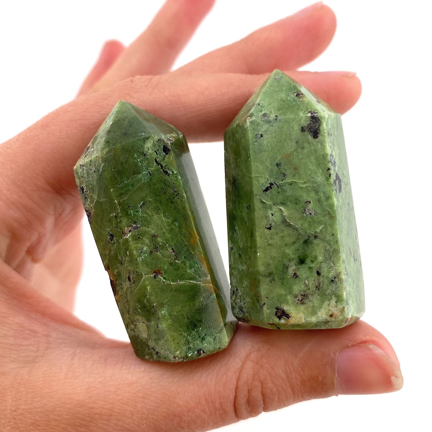Forest Green Chrysoprase Point, green chrysoprase tower, crystal point, chrysoprase crystal