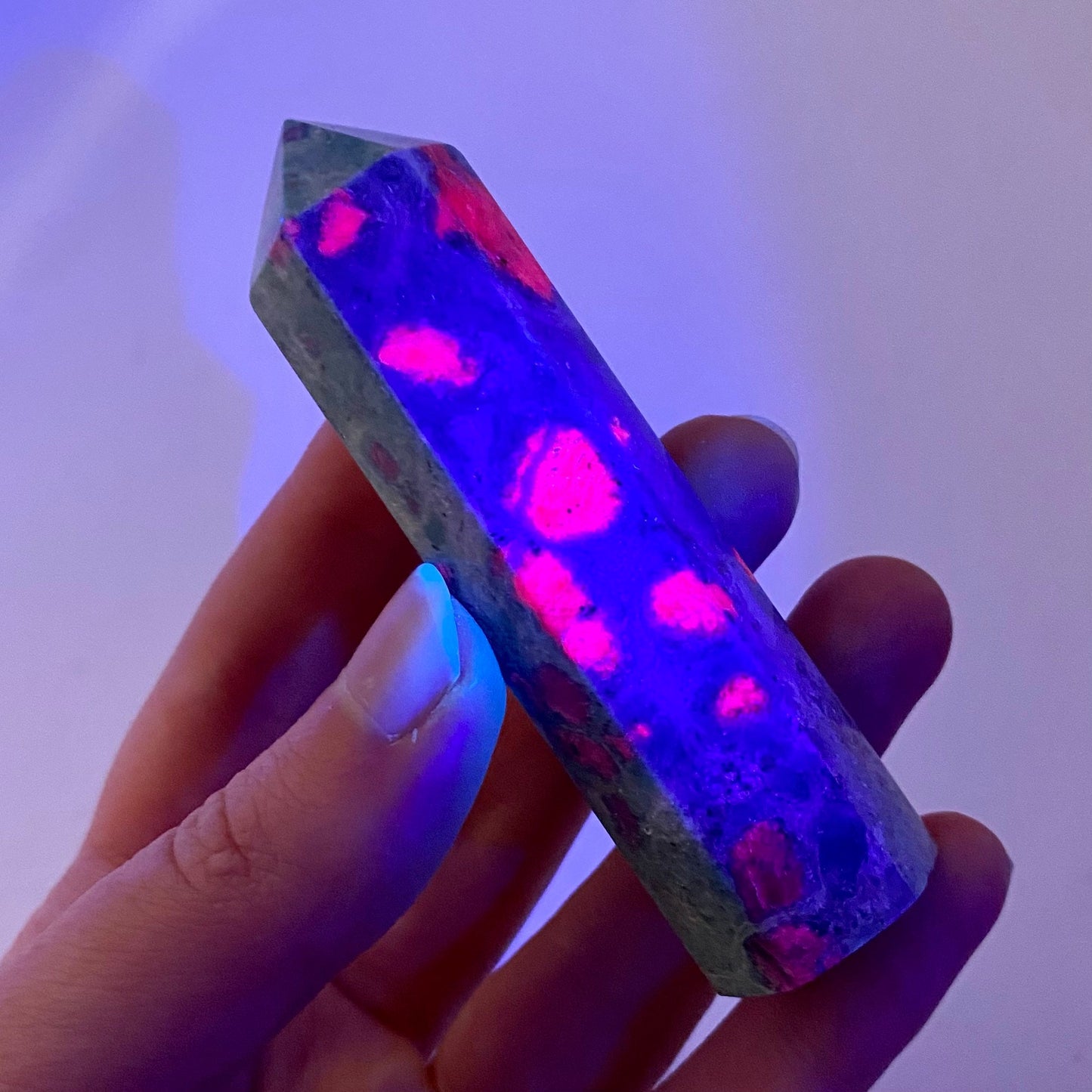 Ruby in Fuchsite Point, ruby fuchsite tower, crystal point, ruby fuchsite crystal, crystal tower