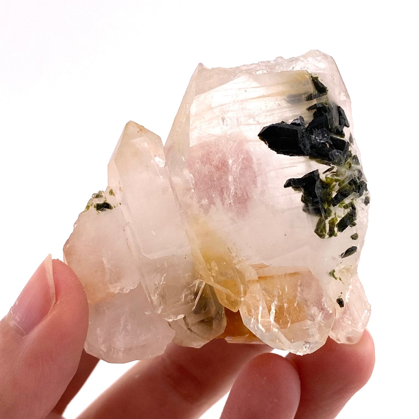 Yellow bone quartz cluster with epidote inclusions (Pakistan) | halloysite quartz, epidote quartz, green epidote, mango quartz