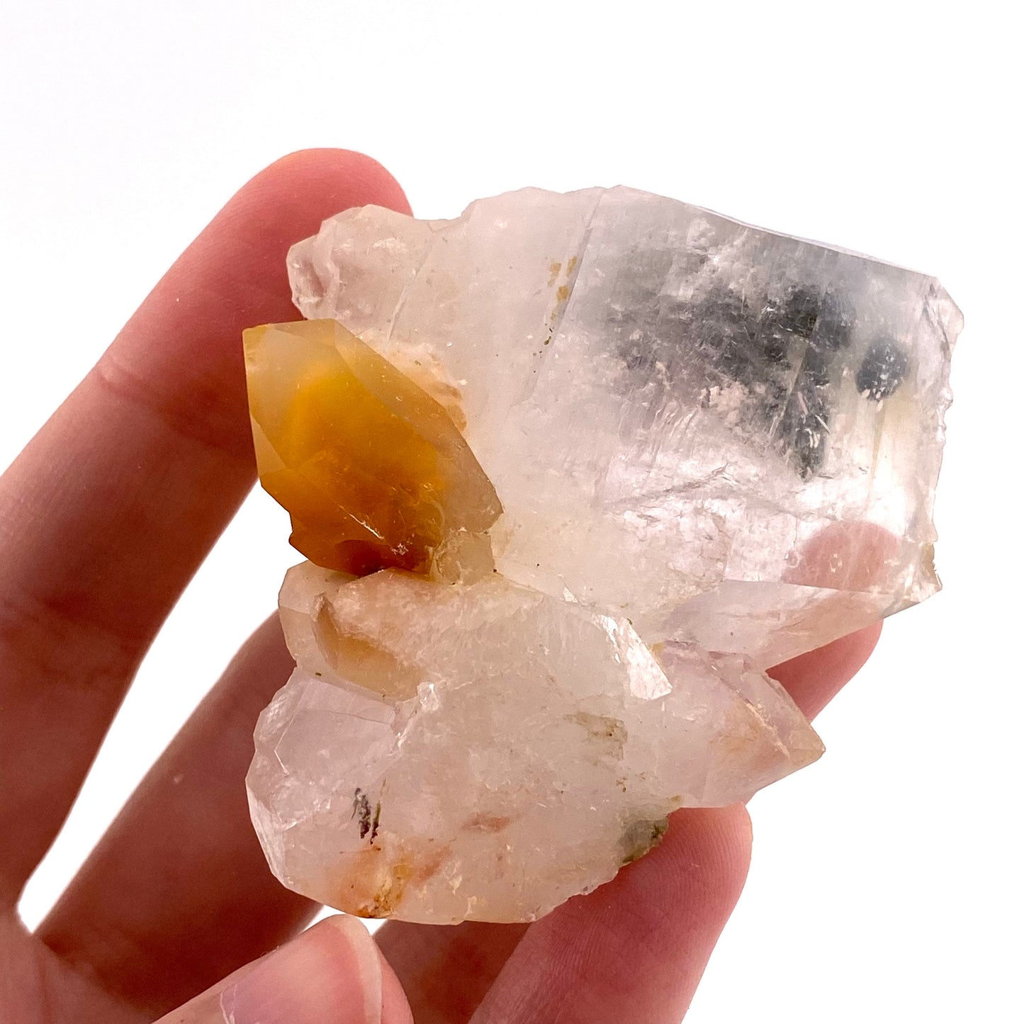 Yellow bone quartz cluster with epidote inclusions (Pakistan) | halloysite quartz, epidote quartz, green epidote, mango quartz