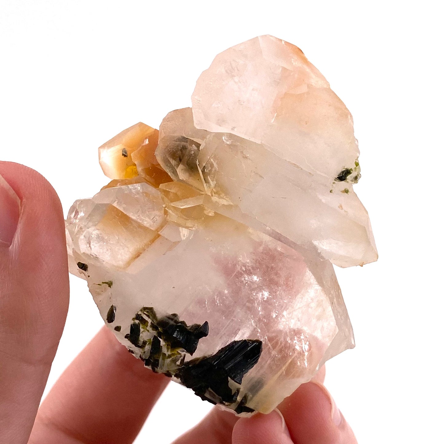 Yellow bone quartz cluster with epidote inclusions (Pakistan) | halloysite quartz, epidote quartz, green epidote, mango quartz