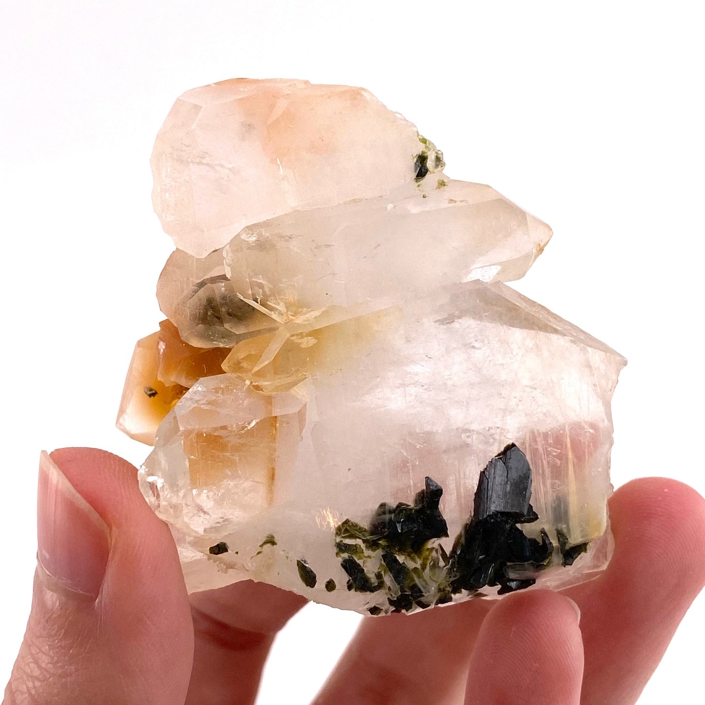 Yellow bone quartz cluster with epidote inclusions (Pakistan) | halloysite quartz, epidote quartz, green epidote, mango quartz