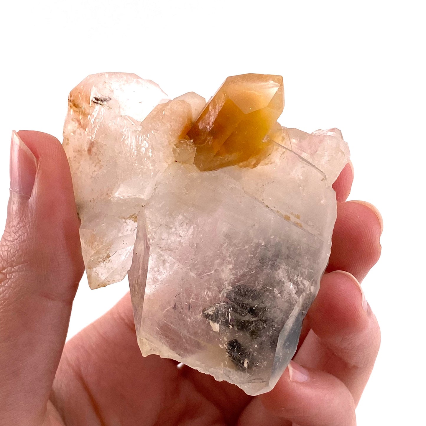 Yellow bone quartz cluster with epidote inclusions (Pakistan) | halloysite quartz, epidote quartz, green epidote, mango quartz