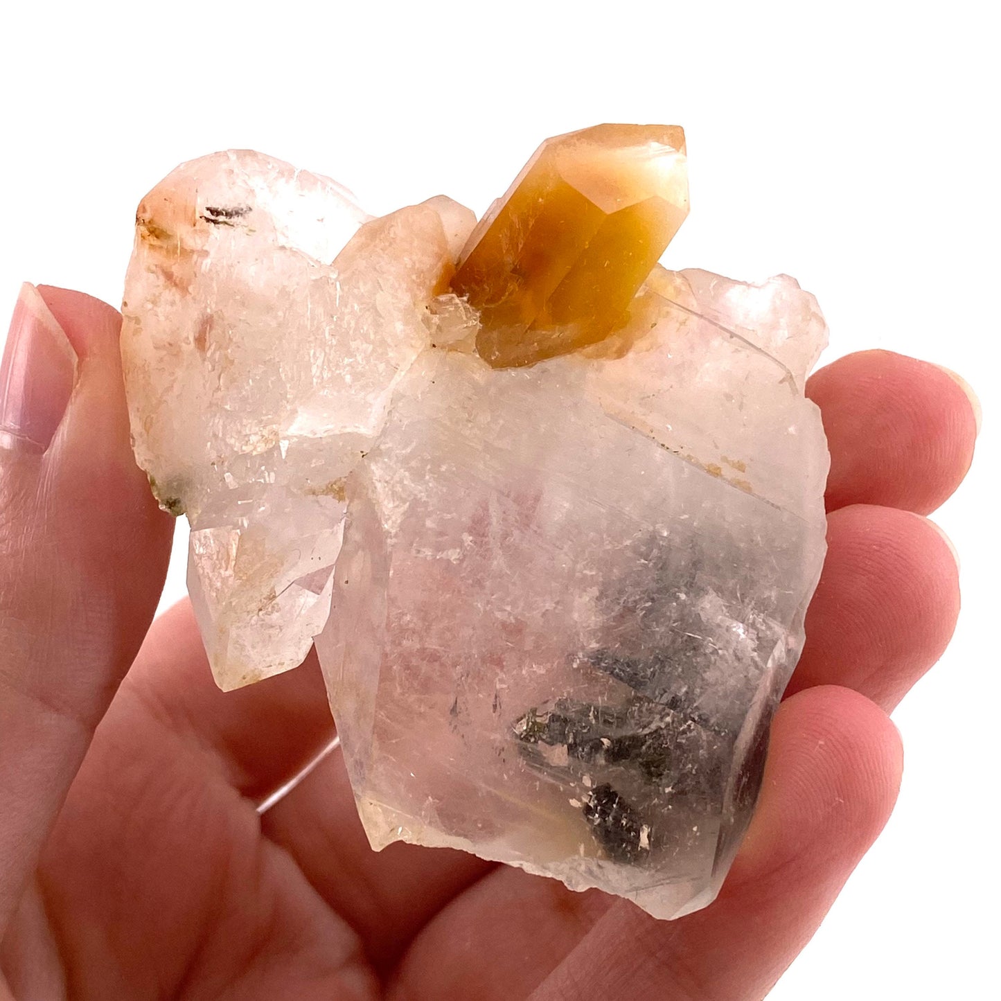Yellow bone quartz cluster with epidote inclusions (Pakistan) | halloysite quartz, epidote quartz, green epidote, mango quartz