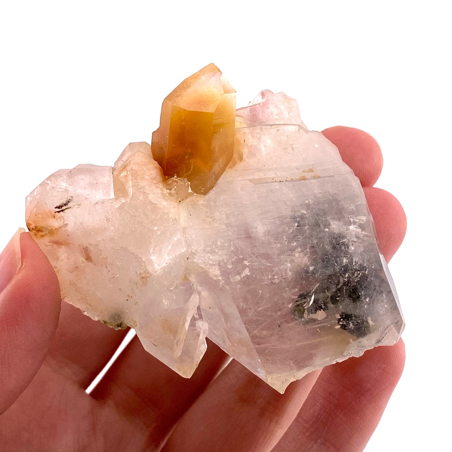 Yellow bone quartz cluster with epidote inclusions (Pakistan) | halloysite quartz, epidote quartz, green epidote, mango quartz