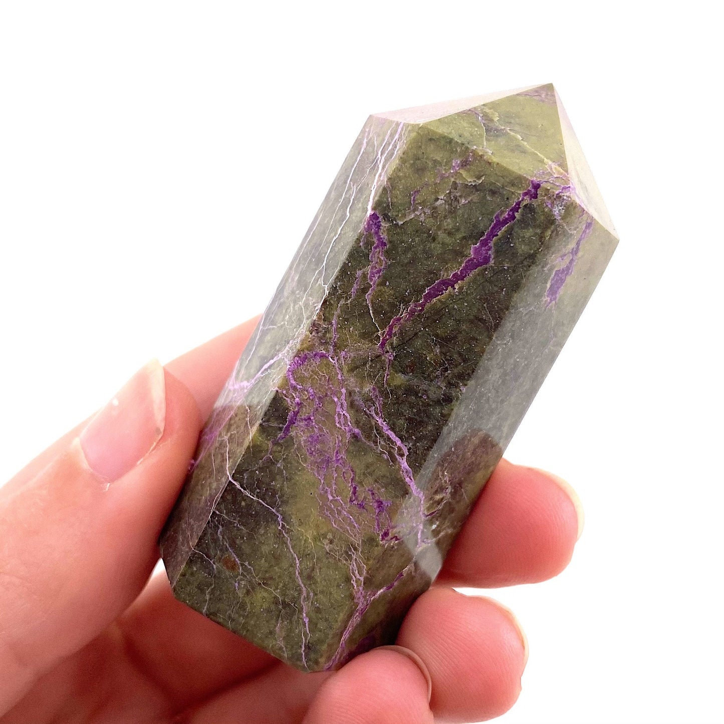 Stichtite & Serpentine Point | stichtite tower, crystal point, atlantisite point, Stichtite in serpentine