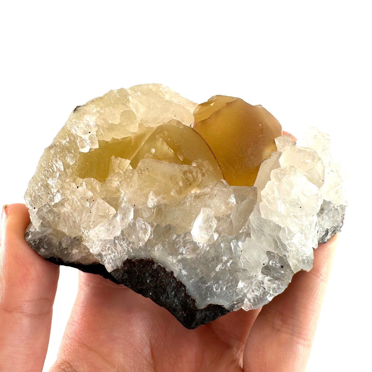 Botryoidal Fluorite on Quartz (India) | fried egg crystal, egg fluorite, fluorite crystal, mineral specimen, yellow fluorite