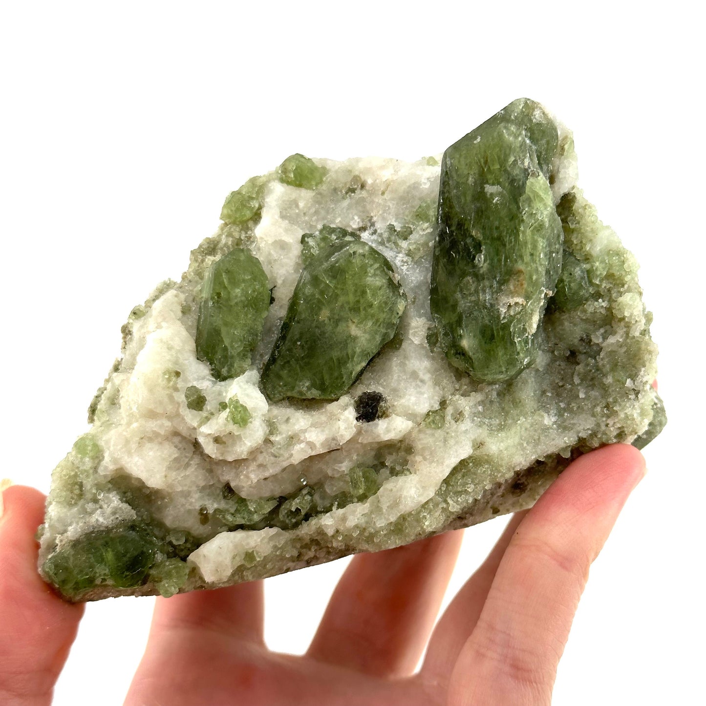Diopside on Calcite (Afghanistan) | chrome diopside, diopside specimen, green diopside, diopside crystal, mineral specimen, crysta