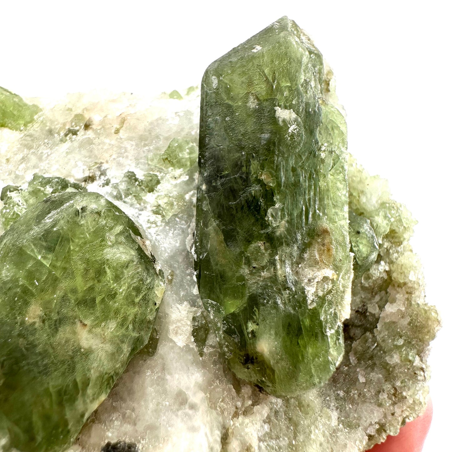 Diopside on Calcite (Afghanistan) | chrome diopside, diopside specimen, green diopside, diopside crystal, mineral specimen, crysta