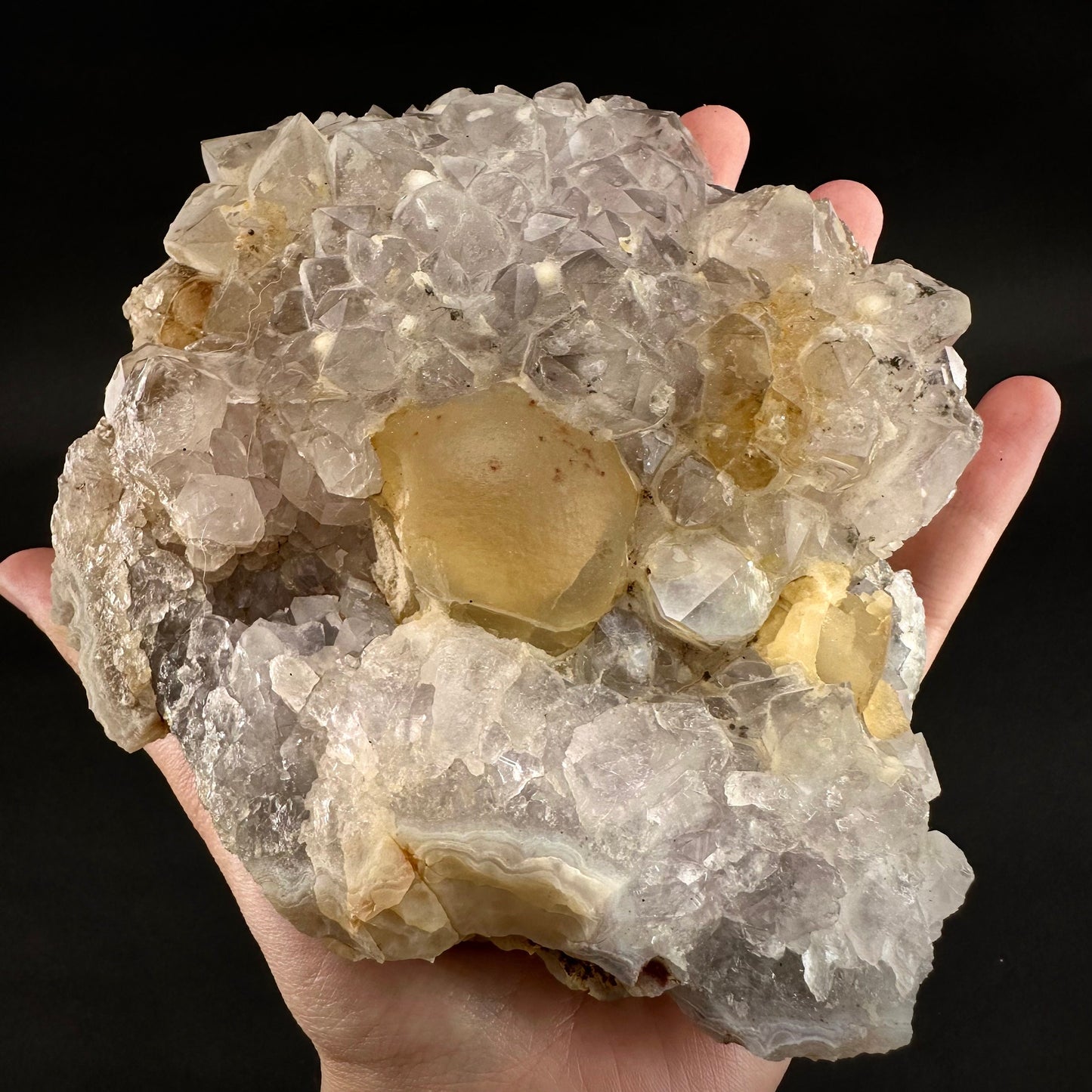Botryoidal Fluorite on Quartz (India) | fried egg crystal, egg fluorite, fluorite crystal, mineral specimen, yellow fluorite