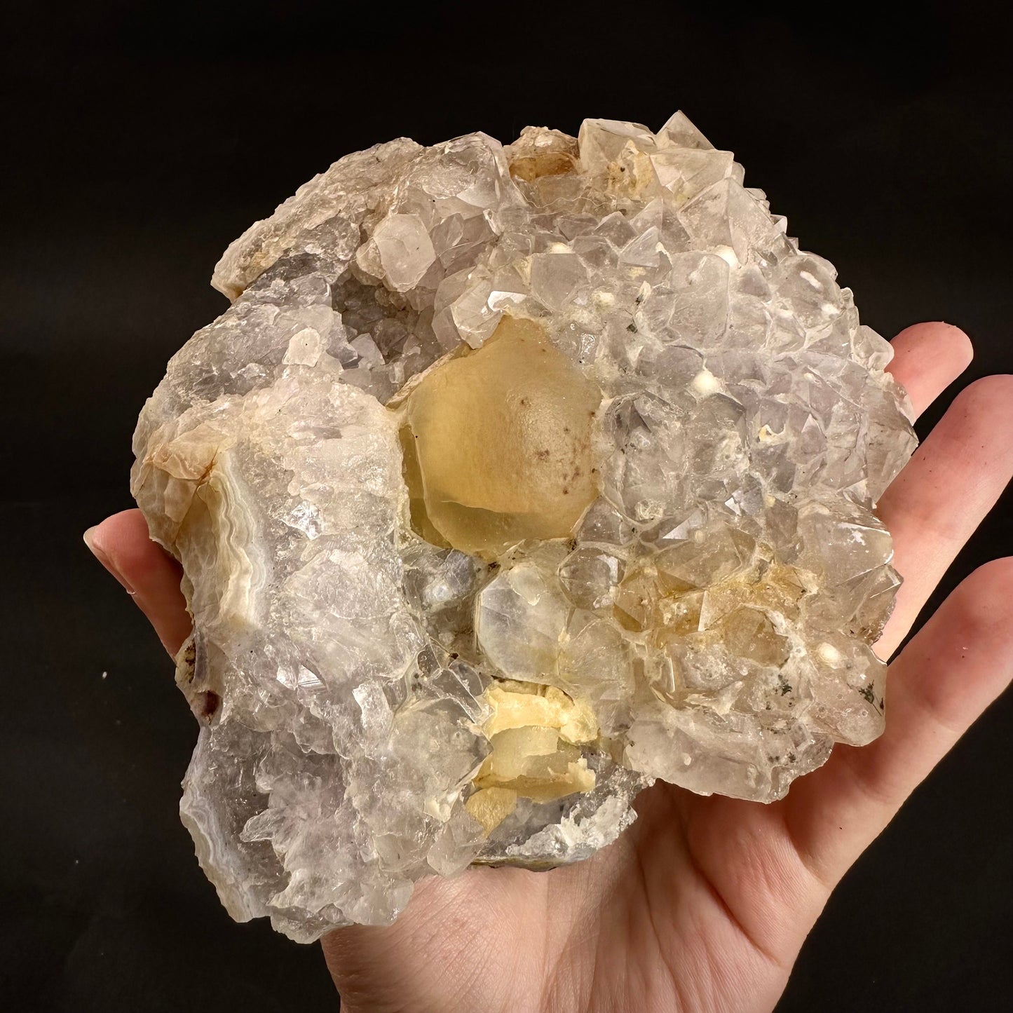 Botryoidal Fluorite on Quartz (India) | fried egg crystal, egg fluorite, fluorite crystal, mineral specimen, yellow fluorite