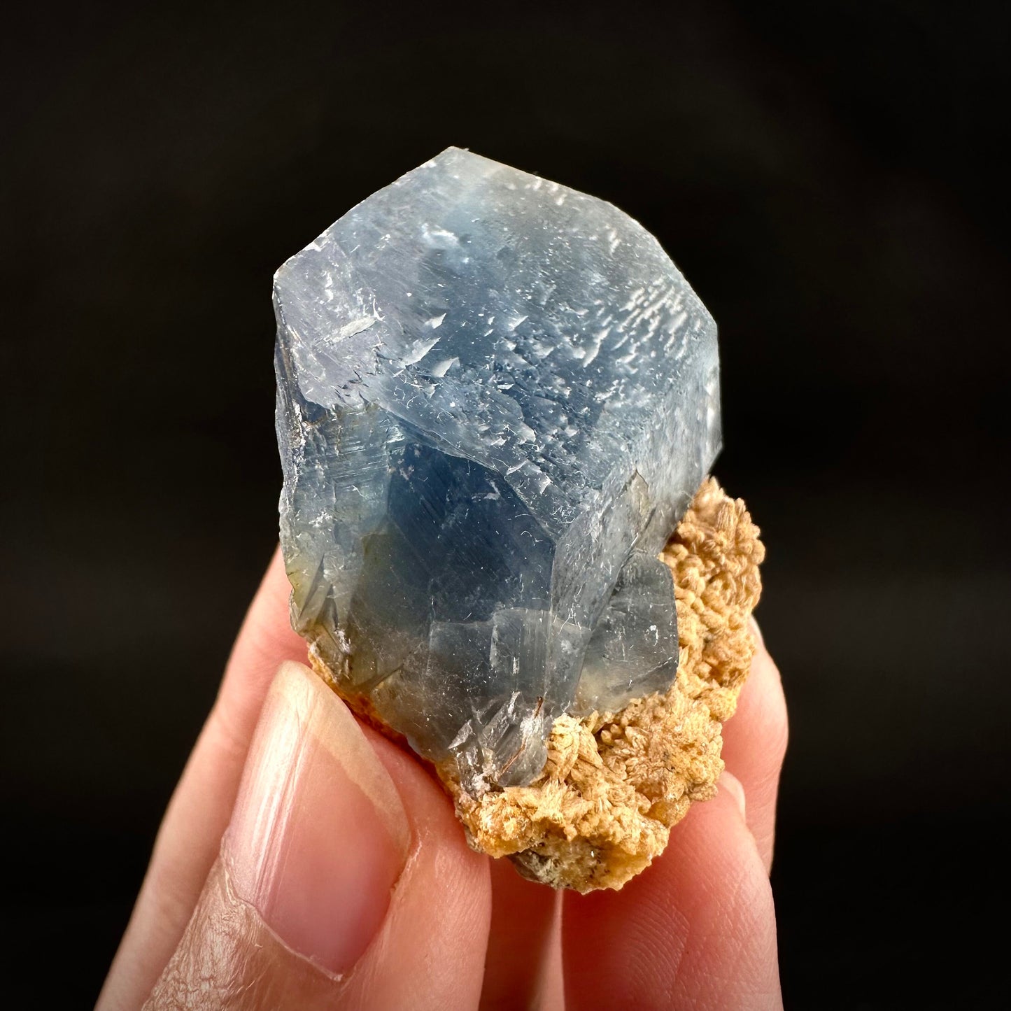 Blue Celestite on Calcite (Afghanistan), terminated celestite cluster, dark blue celestite, mineral specimen, natural celestite
