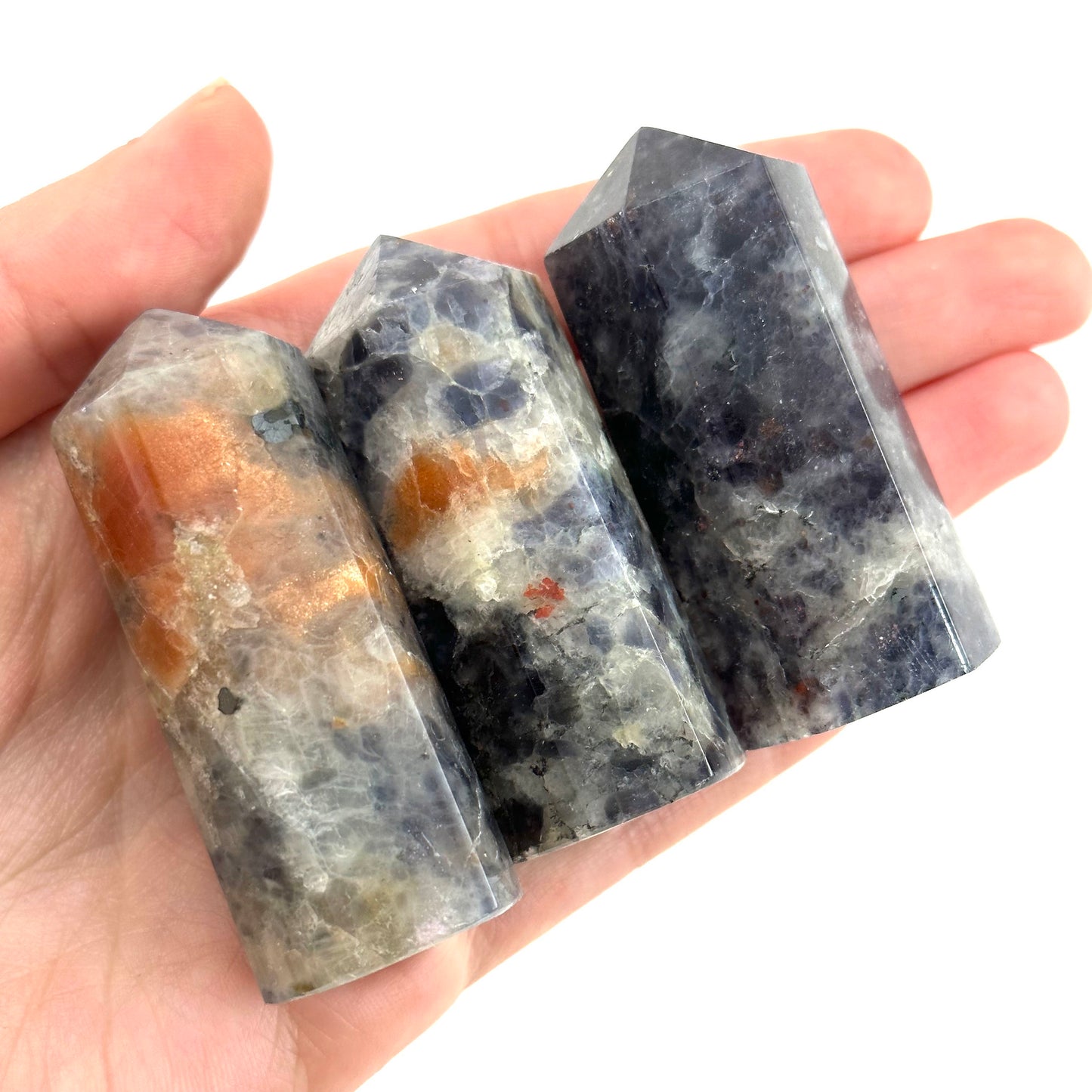 Iolite Sunstone Point, orange sunstone & iolite point, iolite sunstone tower, crystal point, sunstone crystal, crystal tower