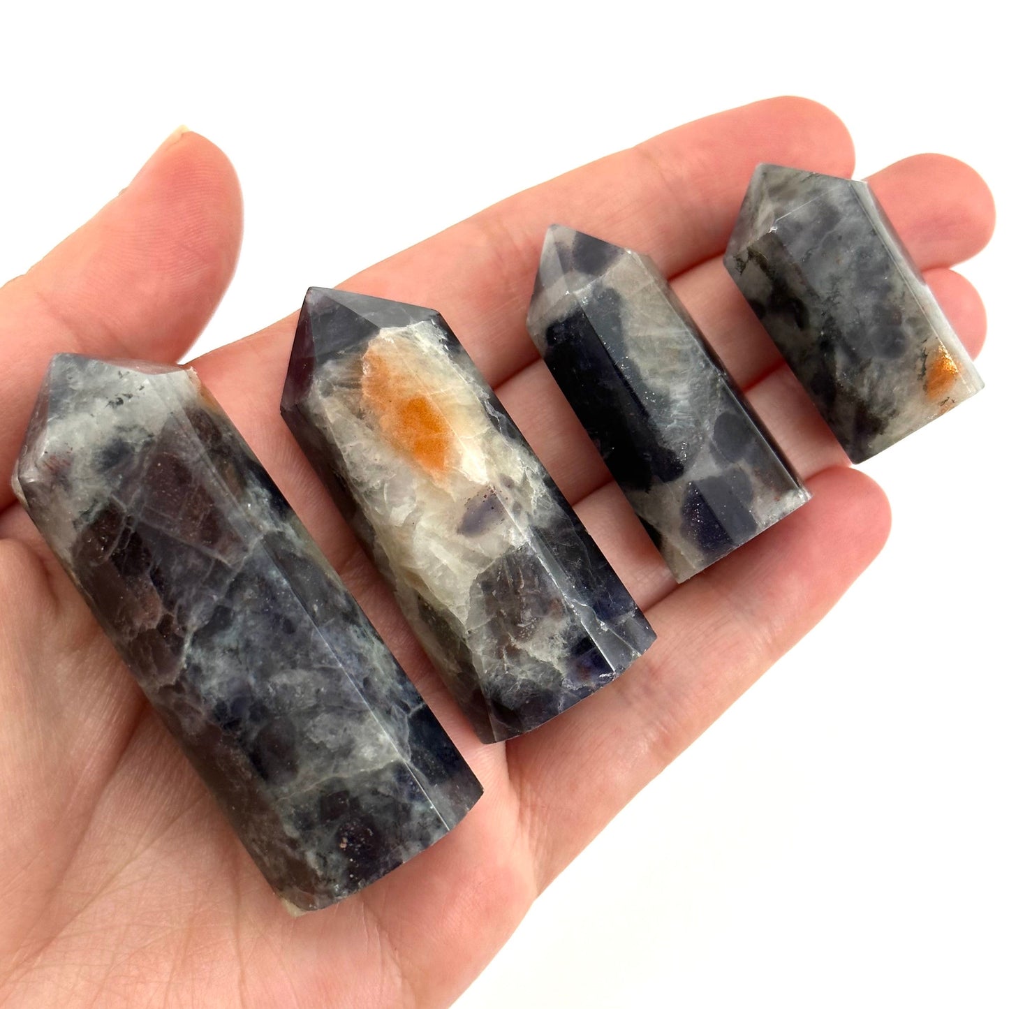 Iolite Sunstone Point, orange sunstone & iolite point, iolite sunstone tower, crystal point, sunstone crystal, crystal tower