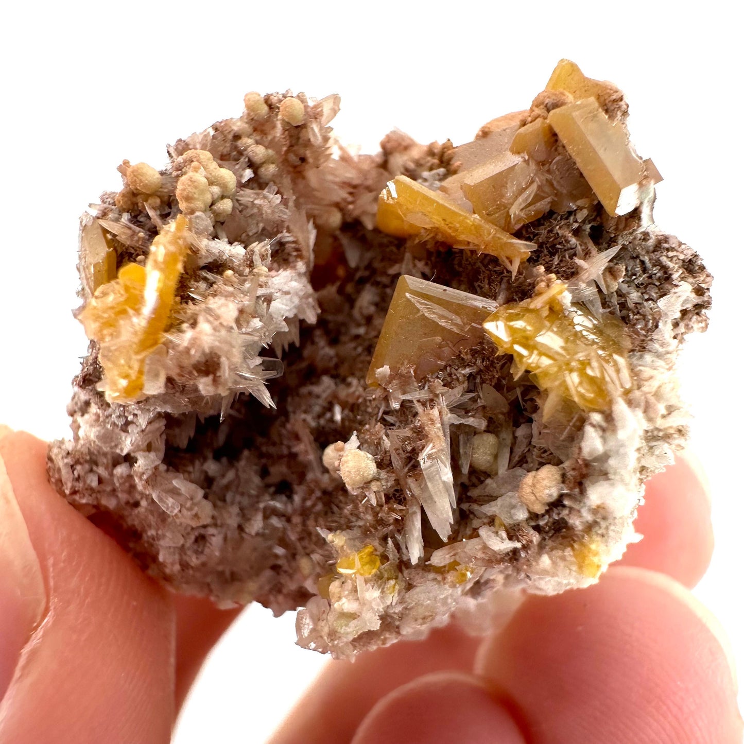 Wulfenite with Mimetite (Mexico), raw wulfenite, yellow wulfenite, wulfenite on matrix, mimetite, mineral specimen