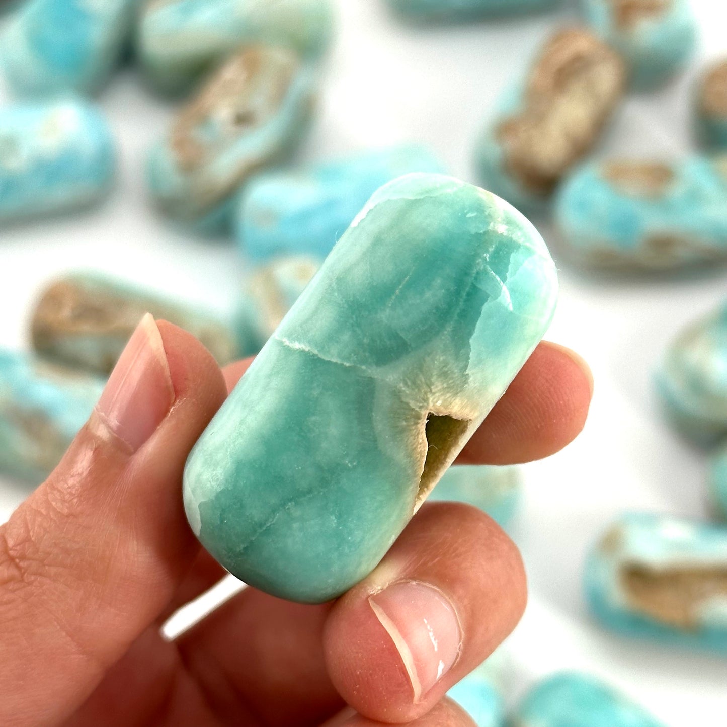 ONE Polished Blue Aragonite, natural blue aragonite, polished aragonite, blue crystal tumble, blue aragonite crystal, tumbled stones