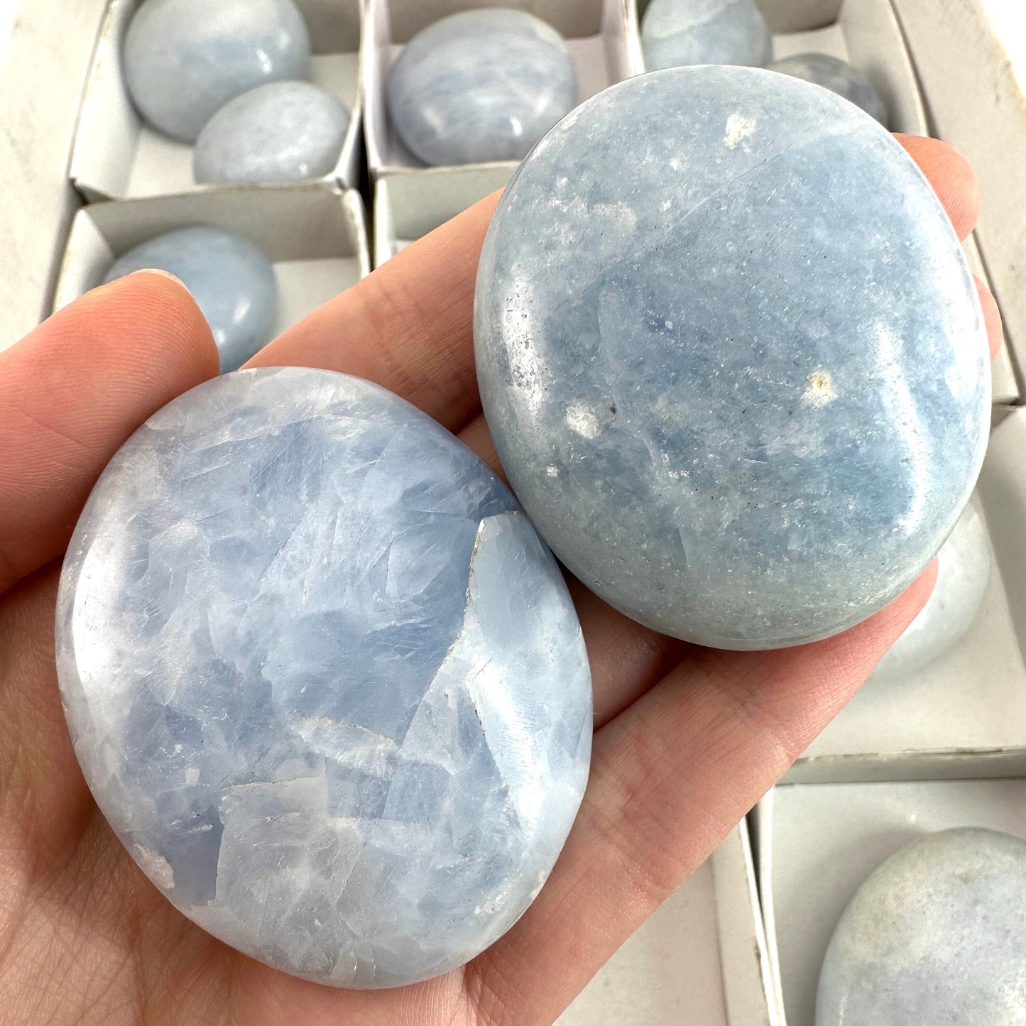 17pcs Wholesale Blue Calcite Palm Stones, blue calcite, palm stone, worry stone, wholesale crystals, wholesale palm stones