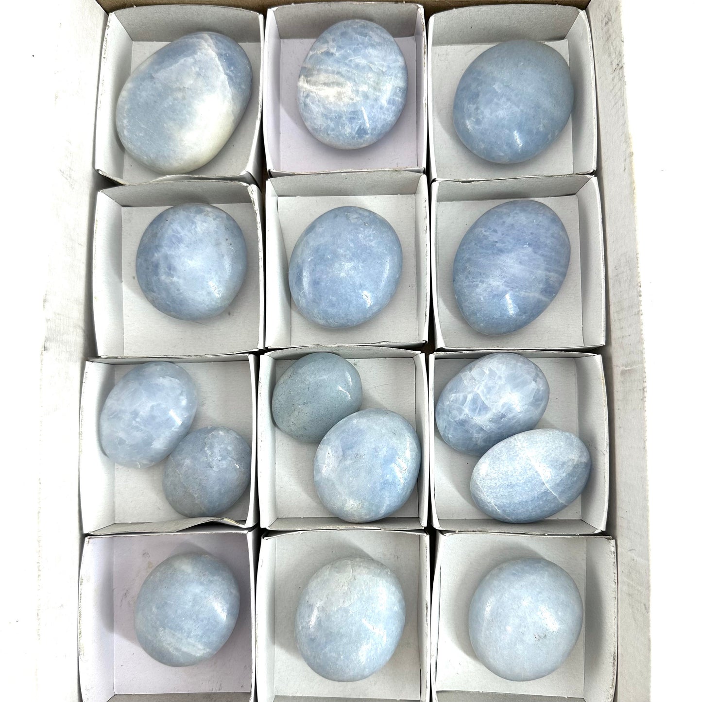 15pcs Wholesale Blue Calcite Palm Stones, blue calcite, palm stone, worry stone, wholesale crystals, wholesale palm stones