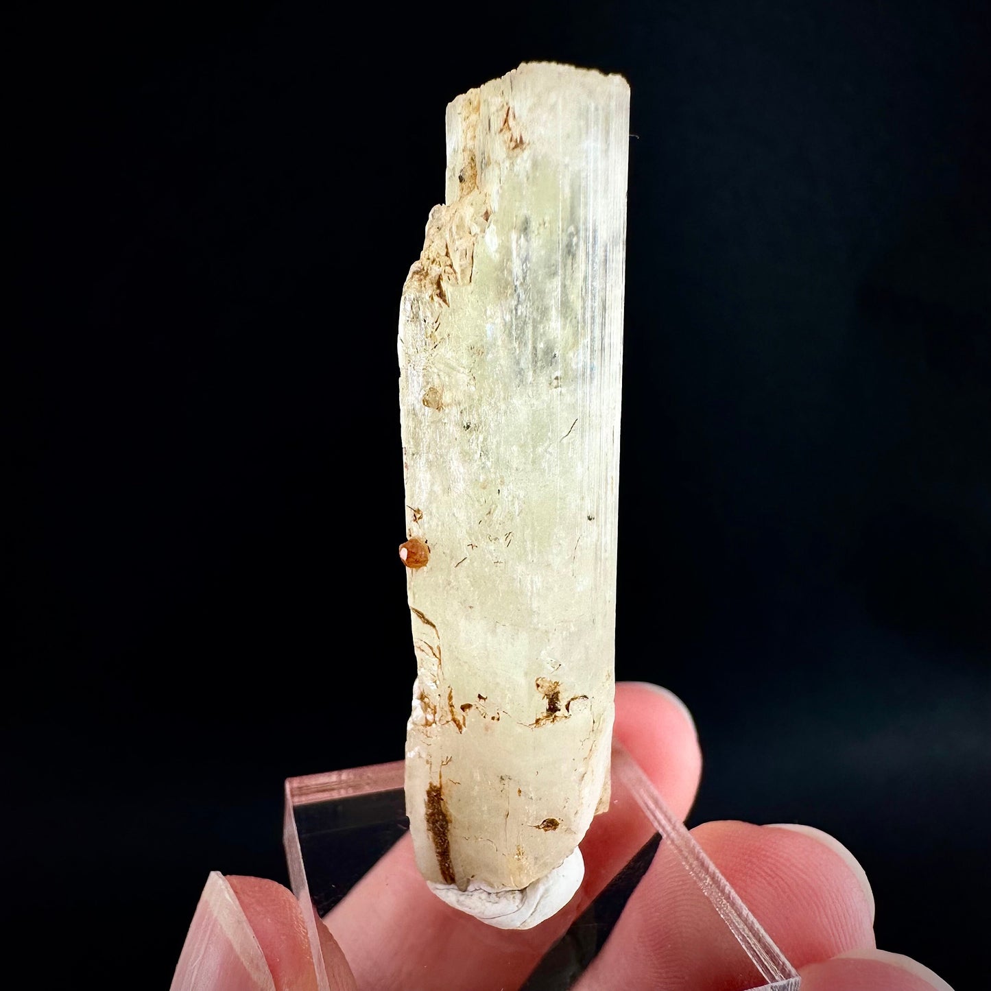 Rare! Spessartine Garnet on Kunzite (Pakistan) | orange garnet on kunzite, kunzite crystal, kunzite specimen, rare crystals, rare minerals
