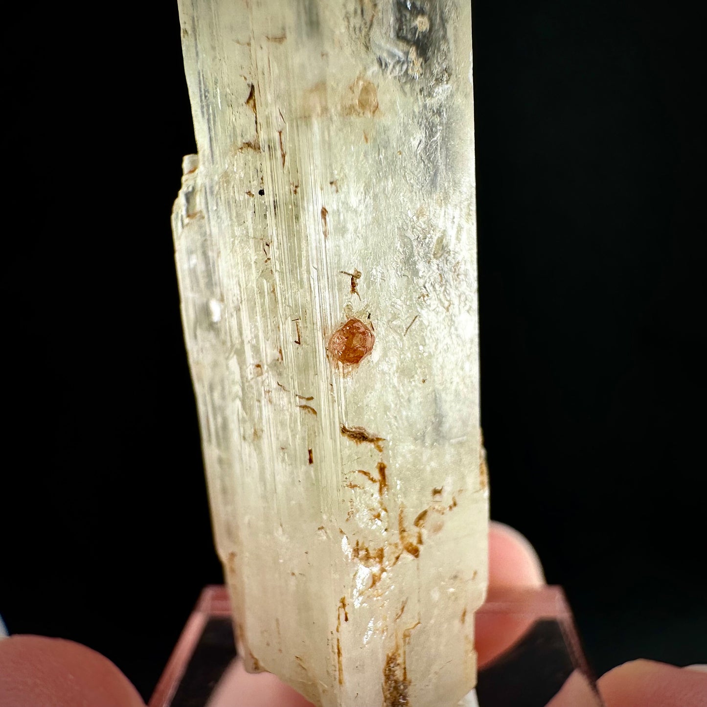 Rare! Spessartine Garnet on Kunzite (Pakistan) | orange garnet on kunzite, kunzite crystal, kunzite specimen, rare crystals, rare minerals