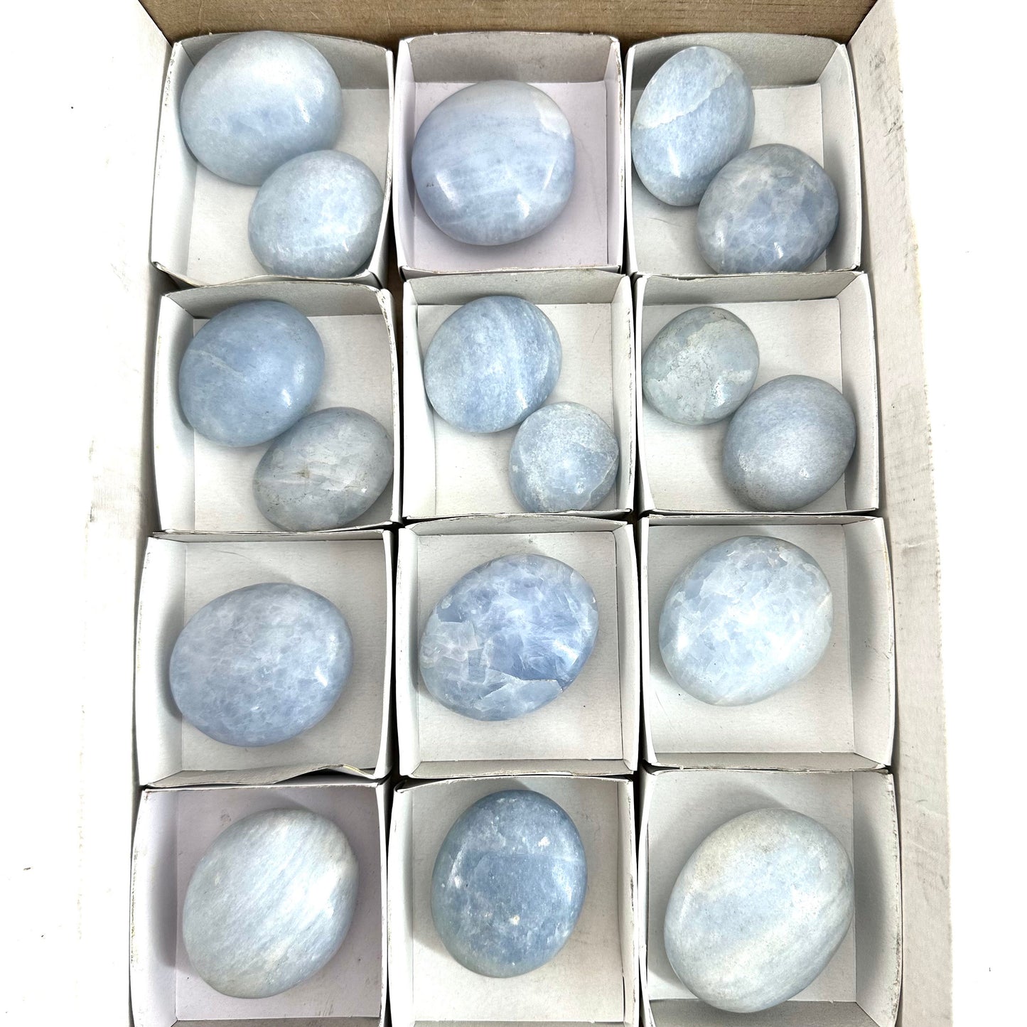 17pcs Wholesale Blue Calcite Palm Stones, blue calcite, palm stone, worry stone, wholesale crystals, wholesale palm stones