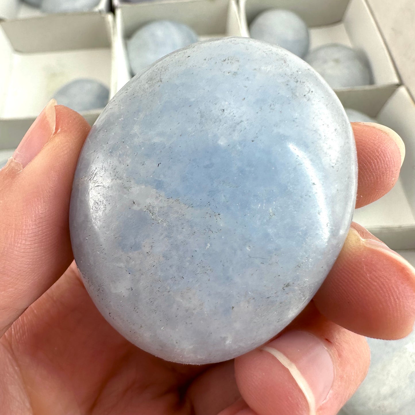 17pcs Wholesale Blue Calcite Palm Stones, blue calcite, palm stone, worry stone, wholesale crystals, wholesale palm stones