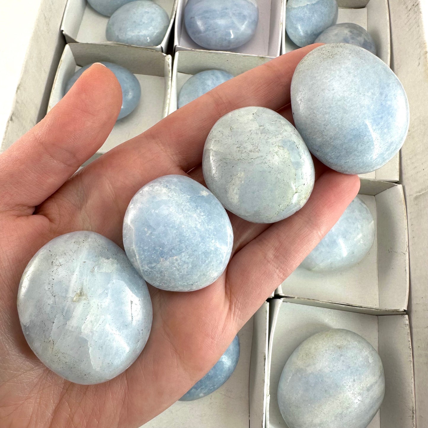 17pcs Wholesale Blue Calcite Palm Stones, blue calcite, palm stone, worry stone, wholesale crystals, wholesale palm stones