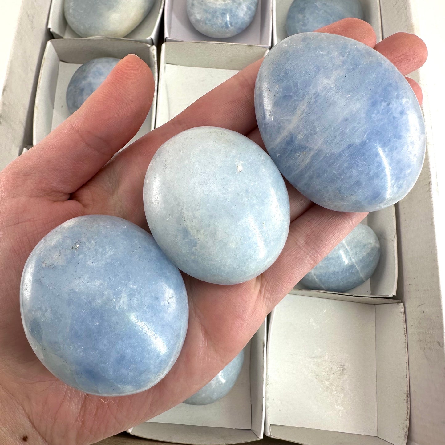15pcs Wholesale Blue Calcite Palm Stones, blue calcite, palm stone, worry stone, wholesale crystals, wholesale palm stones