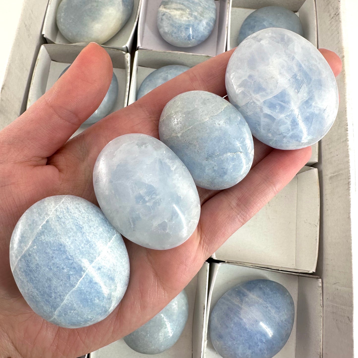 15pcs Wholesale Blue Calcite Palm Stones, blue calcite, palm stone, worry stone, wholesale crystals, wholesale palm stones