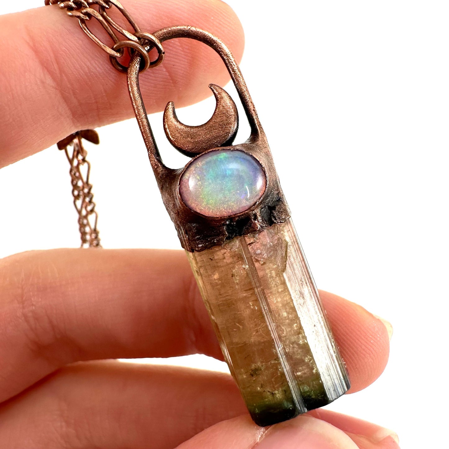 Watermelon Tourmaline & Opal necklace, tourmaline pendant, copper necklace, crystal necklace