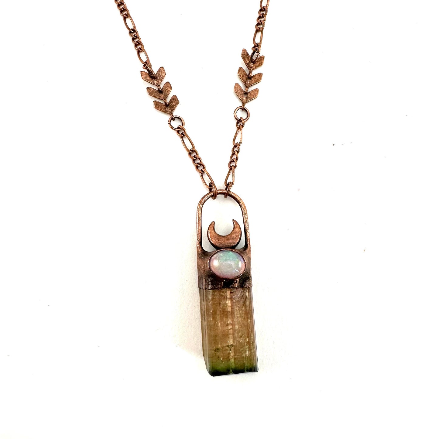 Watermelon Tourmaline & Opal necklace, tourmaline pendant, copper necklace, crystal necklace