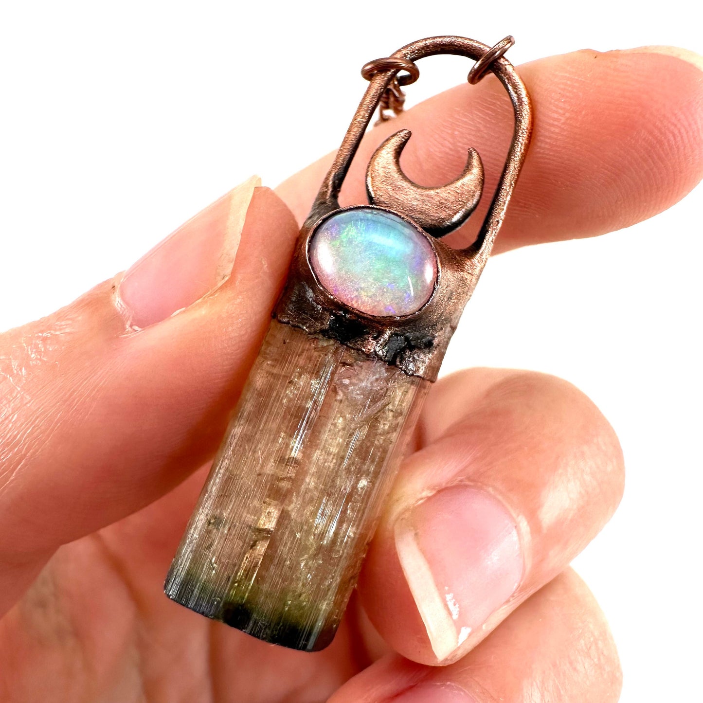 Watermelon Tourmaline & Opal necklace, tourmaline pendant, copper necklace, crystal necklace
